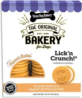 310077 Three Dog Bakery Classic Cremes Baked Treats Golden With Peanut Butter Fill