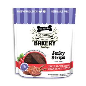 Three Dog Bakery 701159143623 Jerky Strips Duck Recipe With Cranberries 5 Oz - For Training