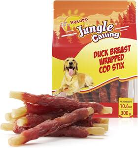 B-863 Trust Foodstuff Jungle Calling Duck Wrapped Cod Sticks Dog Treats Rawhide Free Training Rewards
