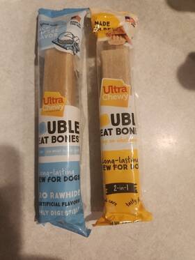 Ultra Chewy 877869001284 2 Double Treat Bones. 1 Chicken. Bacon And Cheese. New Unopened