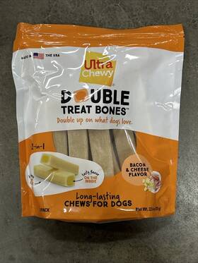Ultra Chewy 877869008009 Double Treat Bones Bacon Cheese Dental Dog Chews 22.4oz Bag Bb 03/26