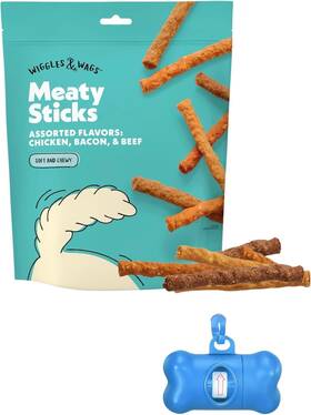 8659 Wiggles & Wags And Meaty Sticks Chicken Bacon Beef 16oz- Plus Dispenser With Waste Roll