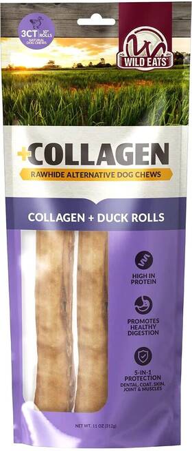 3ct-ea Wild Eats 71152 3 Collagen Duck Rolls 10 Inch Rawhide Alternative Factory Sealed