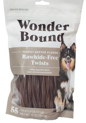 Wonder Bound 195515024303 Peanut Butter Flavor Rawhide Free Twists Dog Treats 55 Count 12oz