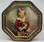 Vtg Wall Decor 1960S Sunshine Biscuits Cookie Tin Lid 18TH Century Boy Dog. Fixed Price $18.00.