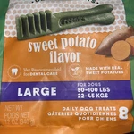 Greenies Large Sweet Potato Flavor Dental Dog Treats, 12 Oz., Count 8 Teeth. Fixed Price $15.00.