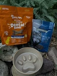 Woof Society Ceramic Dog Slow Feeder Bowl + Zesty Paws & Blue Buffalo Treats. Fixed Price $28.00.