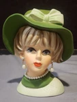 Vintage Napco C7484 Lady Head Vase Green Hat W/bow Faux Pearl Jewelry. Fixed Price $75.00.