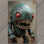 Sticker Monster Robot With Red Eyes Sharp Teeth Rusted Blue Green Metal. Fixed Price $8.99.