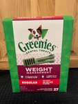 Greenies Weight Management Regular Size Count 27 Oz Dental Treats For Dogs. Fixed Price $34.00.