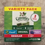 Greenies Regular Natural Dental Care Dog Treats 12 Oz 3 Pack. Fixed Price $25.00.
