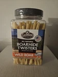 Premium Wild Boar Chews - 5" Twisters 75 Count Jar. Fixed Price $19.99.