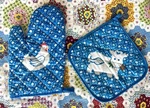 Vintage Jsny Kitchen Chicken Oven Mitt Cow Pot Holder Set Blue Floral Farmhouse. Fixed Price $12.00.