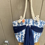 Mud Pie Blue Tan 100% Jute Beach Sea Horse Tote Bag Scarf Wrapped Rope Handles. Fixed Price $11.89.